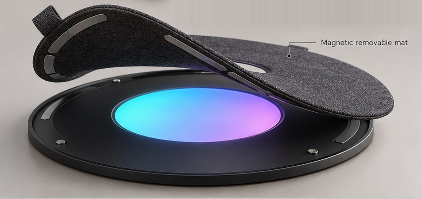 The fabric cover lifted off the base, showing the magnet strips under the cover and the light disc on the base