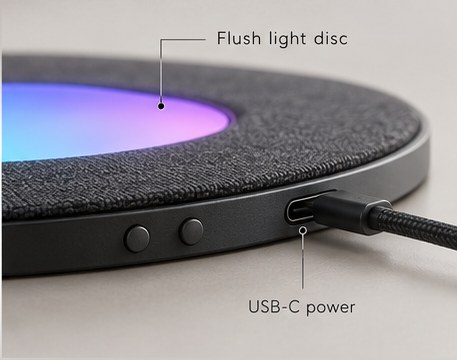 The edge of the mat with the flush light disc, two buttons and a USB-C cable plugged in